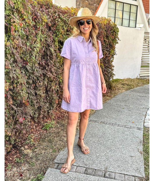 GRAPENT Denim Dress for Women Babydoll Tiered Short Sleeve Button Down Jean Shirt Dresses