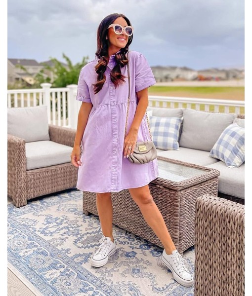 GRAPENT Denim Dress for Women Babydoll Tiered Short Sleeve Button Down Jean Shirt Dresses