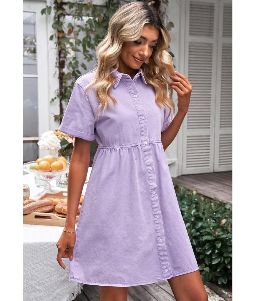 GRAPENT Denim Dress for Women Babydoll Tiered Short Sleeve Button Down Jean Shirt Dresses