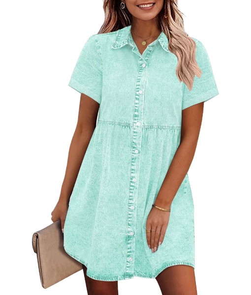 GRAPENT Denim Dress for Women Babydoll Tiered Short Sleeve Button Down Jean Shirt Dresses
