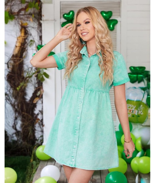 GRAPENT Denim Dress for Women Babydoll Tiered Short Sleeve Button Down Jean Shirt Dresses