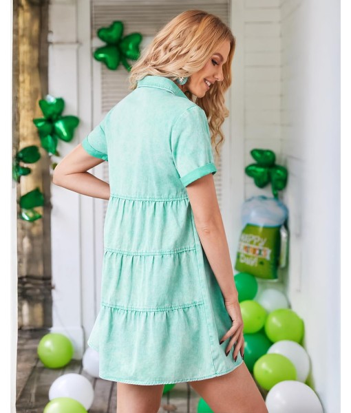 GRAPENT Denim Dress for Women Babydoll Tiered Short Sleeve Button Down Jean Shirt Dresses
