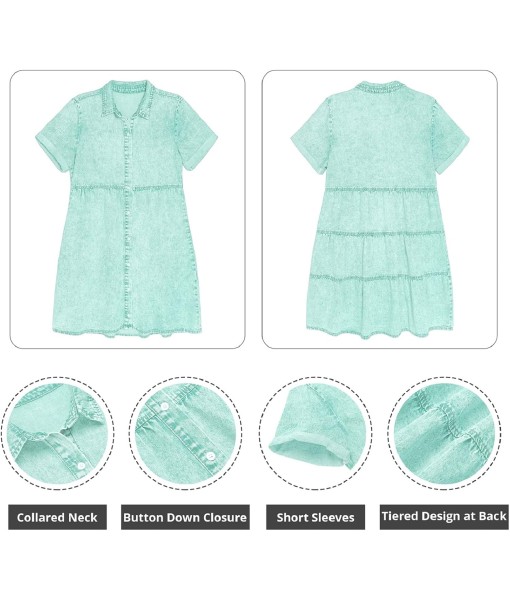 GRAPENT Denim Dress for Women Babydoll Tiered Short Sleeve Button Down Jean Shirt Dresses