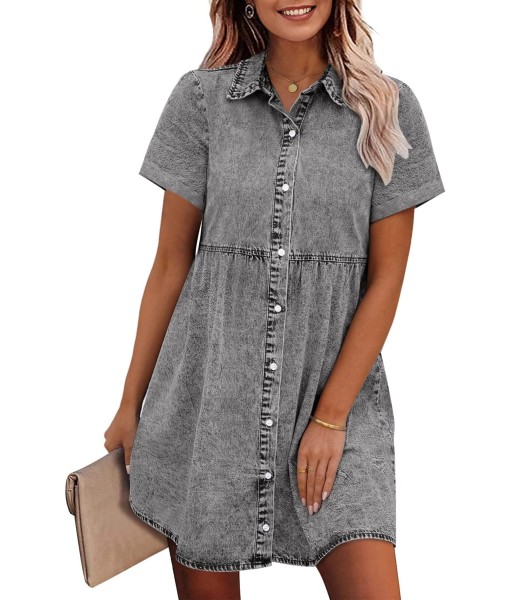 GRAPENT Denim Dress for Women Babydoll Tiered Short Sleeve Button Down Jean Shirt Dresses