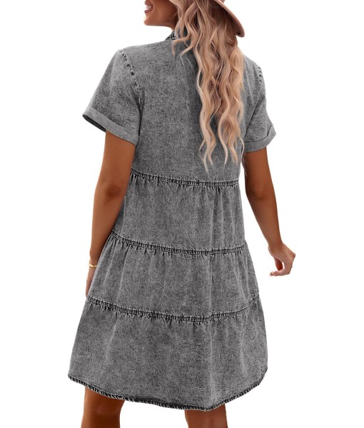 GRAPENT Denim Dress for Women Babydoll Tiered Short Sleeve Button Down Jean Shirt Dresses