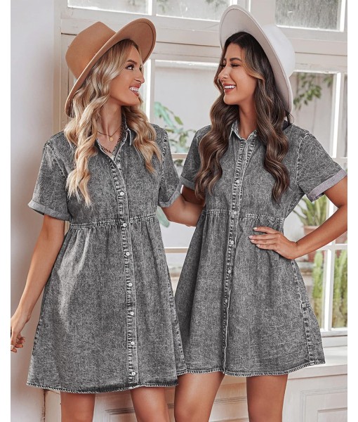 GRAPENT Denim Dress for Women Babydoll Tiered Short Sleeve Button Down Jean Shirt Dresses