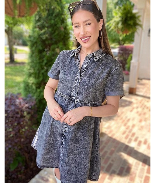 GRAPENT Denim Dress for Women Babydoll Tiered Short Sleeve Button Down Jean Shirt Dresses