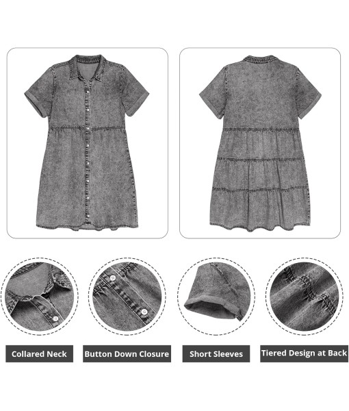 GRAPENT Denim Dress for Women Babydoll Tiered Short Sleeve Button Down Jean Shirt Dresses