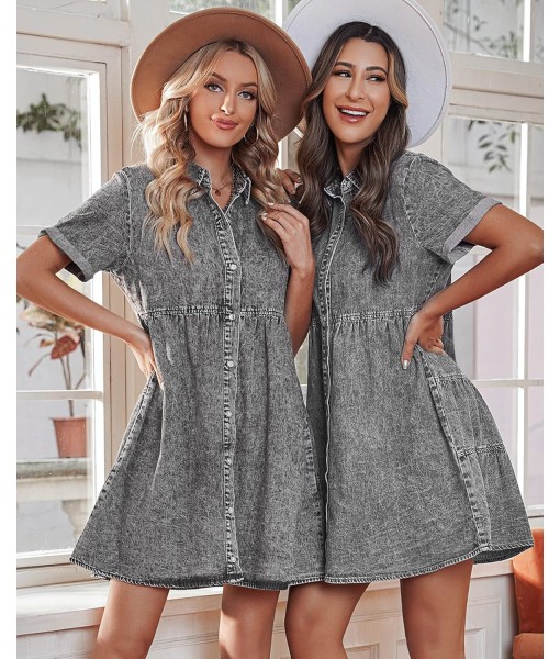 GRAPENT Denim Dress for Women Babydoll Tiered Short Sleeve Button Down Jean Shirt Dresses