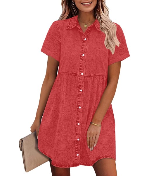 GRAPENT Denim Dress for Women Babydoll Tiered Short Sleeve Button Down Jean Shirt Dresses