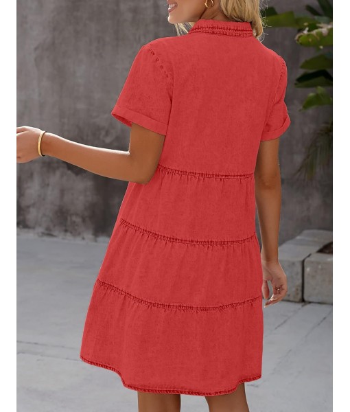 GRAPENT Denim Dress for Women Babydoll Tiered Short Sleeve Button Down Jean Shirt Dresses