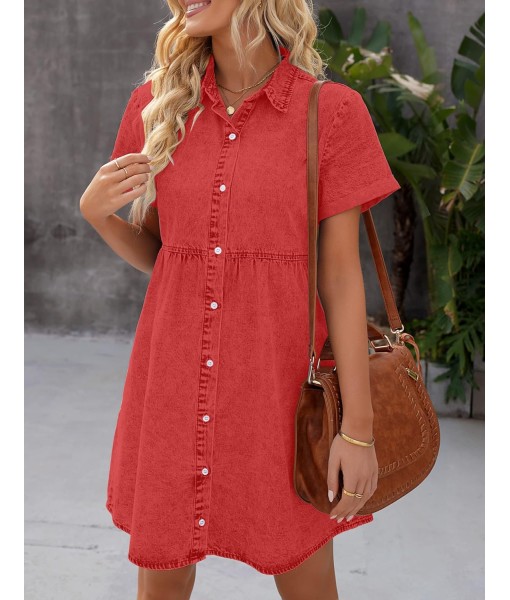 GRAPENT Denim Dress for Women Babydoll Tiered Short Sleeve Button Down Jean Shirt Dresses