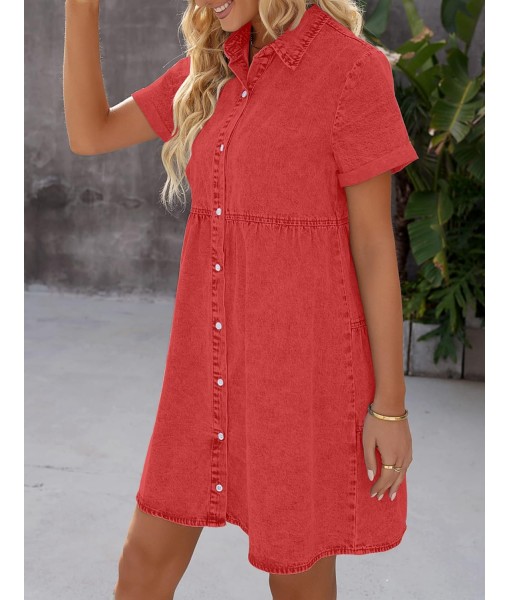 GRAPENT Denim Dress for Women Babydoll Tiered Short Sleeve Button Down Jean Shirt Dresses