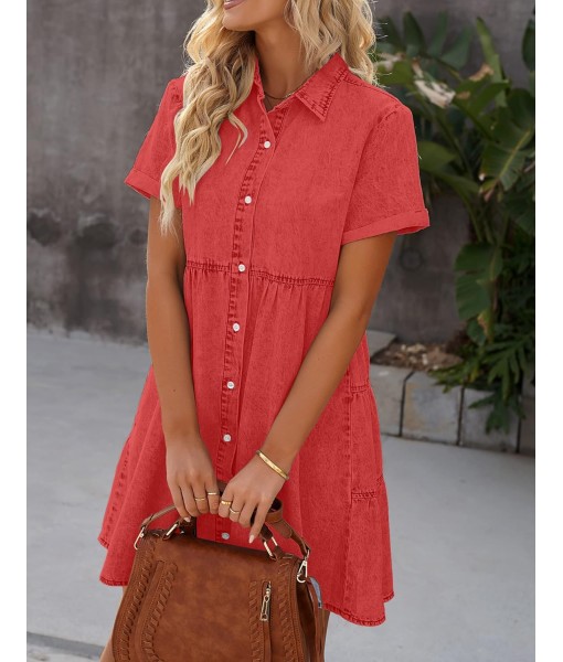 GRAPENT Denim Dress for Women Babydoll Tiered Short Sleeve Button Down Jean Shirt Dresses