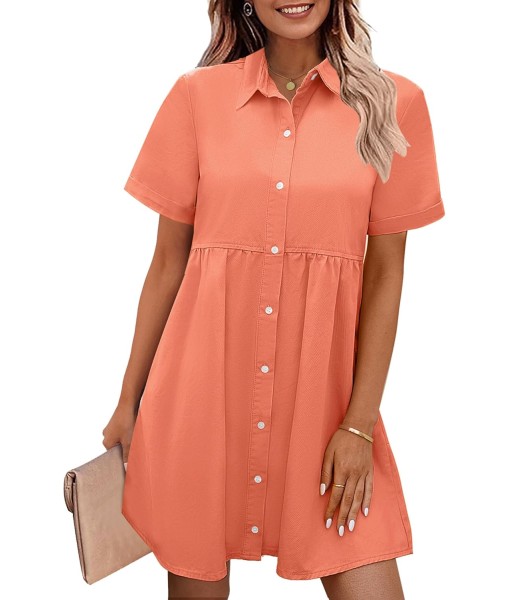 GRAPENT Denim Dress for Women Babydoll Tiered Short Sleeve Button Down Jean Shirt Dresses