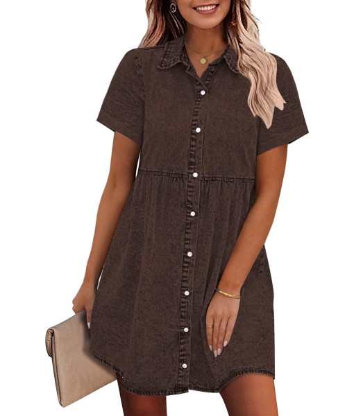 GRAPENT Denim Dress for Women Babydoll Tiered Short Sleeve Button Down Jean Shirt Dresses