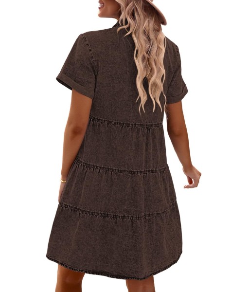 GRAPENT Denim Dress for Women Babydoll Tiered Short Sleeve Button Down Jean Shirt Dresses