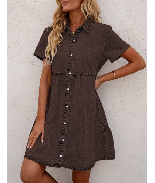 GRAPENT Denim Dress for Women Babydoll Tiered Short Sleeve Button Down Jean Shirt Dresses