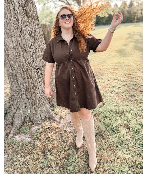 GRAPENT Denim Dress for Women Babydoll Tiered Short Sleeve Button Down Jean Shirt Dresses