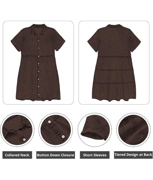 GRAPENT Denim Dress for Women Babydoll Tiered Short Sleeve Button Down Jean Shirt Dresses