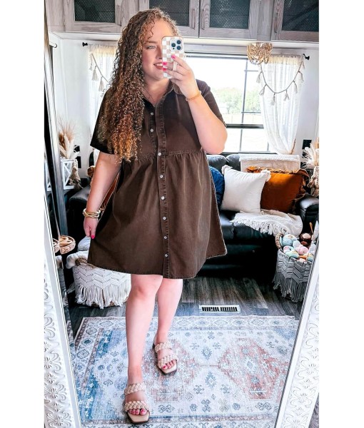 GRAPENT Denim Dress for Women Babydoll Tiered Short Sleeve Button Down Jean Shirt Dresses