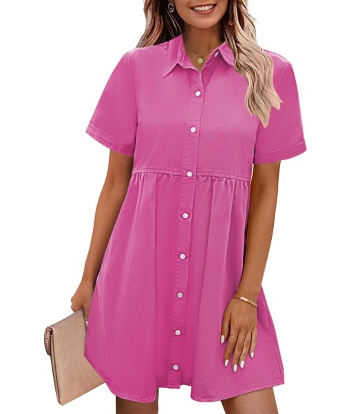 GRAPENT Denim Dress for Women Babydoll Tiered Short Sleeve Button Down Jean Shirt Dresses