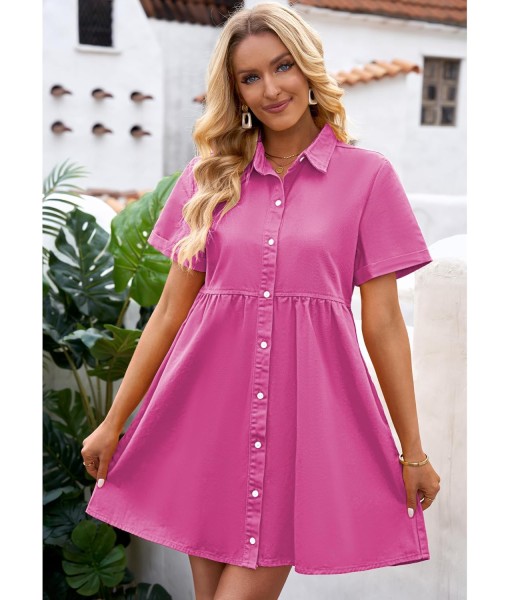 GRAPENT Denim Dress for Women Babydoll Tiered Short Sleeve Button Down Jean Shirt Dresses