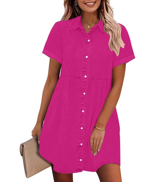 GRAPENT Denim Dress for Women Babydoll Tiered Short Sleeve Button Down Jean Shirt Dresses