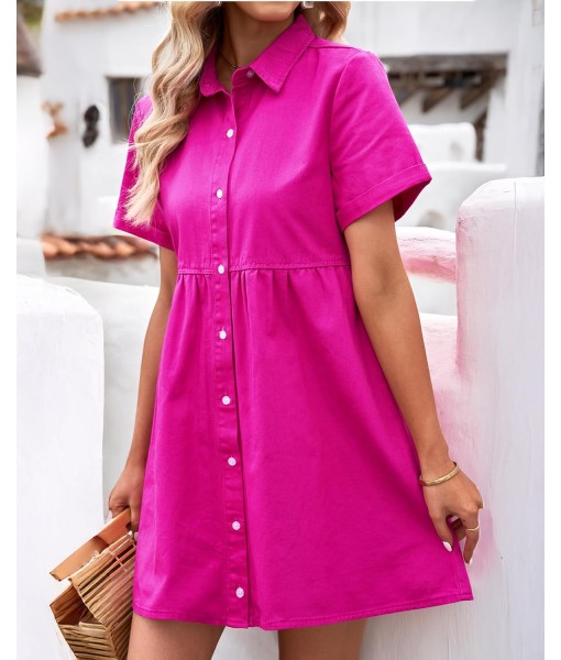 GRAPENT Denim Dress for Women Babydoll Tiered Short Sleeve Button Down Jean Shirt Dresses