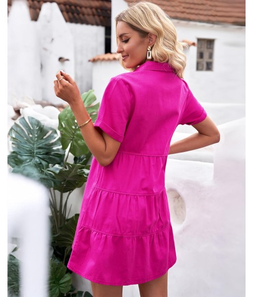 GRAPENT Denim Dress for Women Babydoll Tiered Short Sleeve Button Down Jean Shirt Dresses