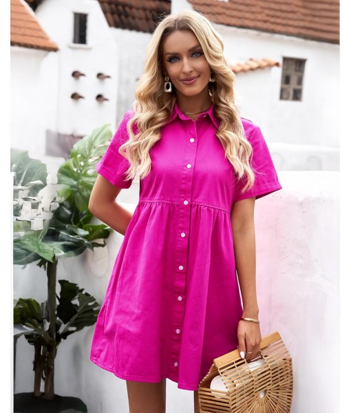 GRAPENT Denim Dress for Women Babydoll Tiered Short Sleeve Button Down Jean Shirt Dresses