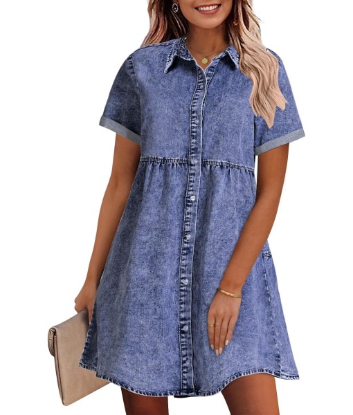 GRAPENT Denim Dress for Women Babydoll Tiered Short Sleeve Button Down Jean Shirt Dresses