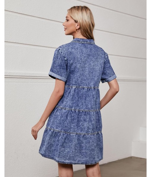 GRAPENT Denim Dress for Women Babydoll Tiered Short Sleeve Button Down Jean Shirt Dresses