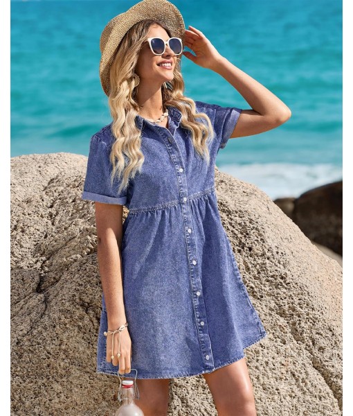 GRAPENT Denim Dress for Women Babydoll Tiered Short Sleeve Button Down Jean Shirt Dresses