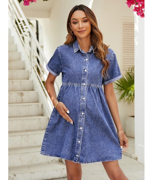 GRAPENT Denim Dress for Women Babydoll Tiered Short Sleeve Button Down Jean Shirt Dresses