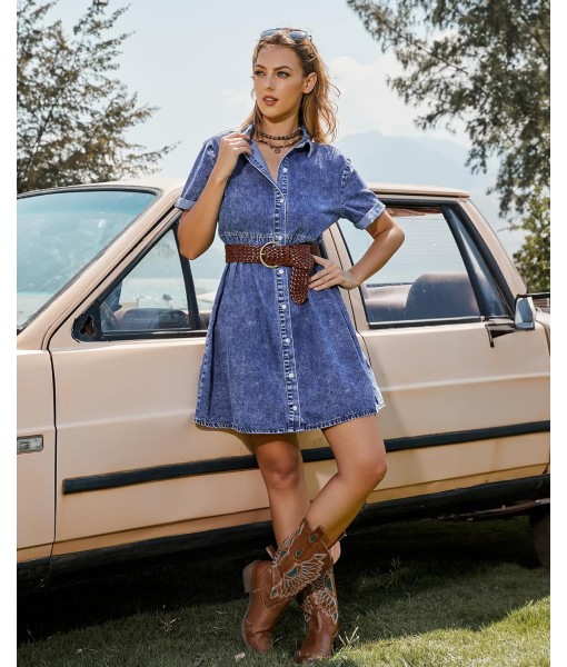 GRAPENT Denim Dress for Women Babydoll Tiered Short Sleeve Button Down Jean Shirt Dresses