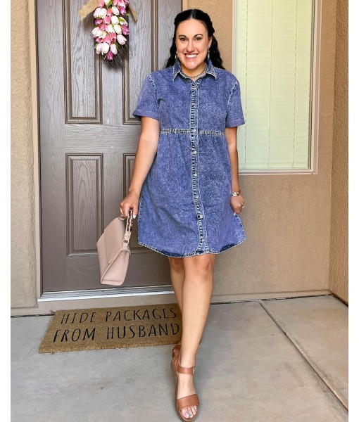 GRAPENT Denim Dress for Women Babydoll Tiered Short Sleeve Button Down Jean Shirt Dresses