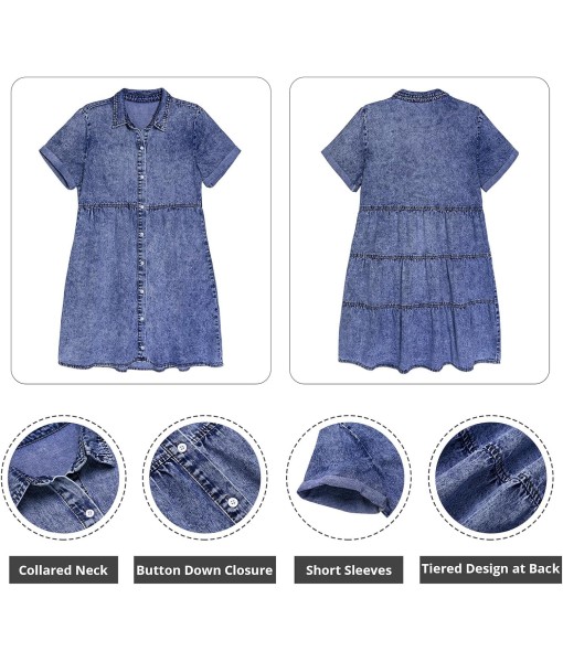 GRAPENT Denim Dress for Women Babydoll Tiered Short Sleeve Button Down Jean Shirt Dresses