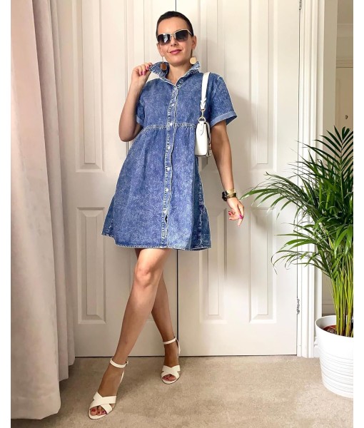GRAPENT Denim Dress for Women Babydoll Tiered Short Sleeve Button Down Jean Shirt Dresses