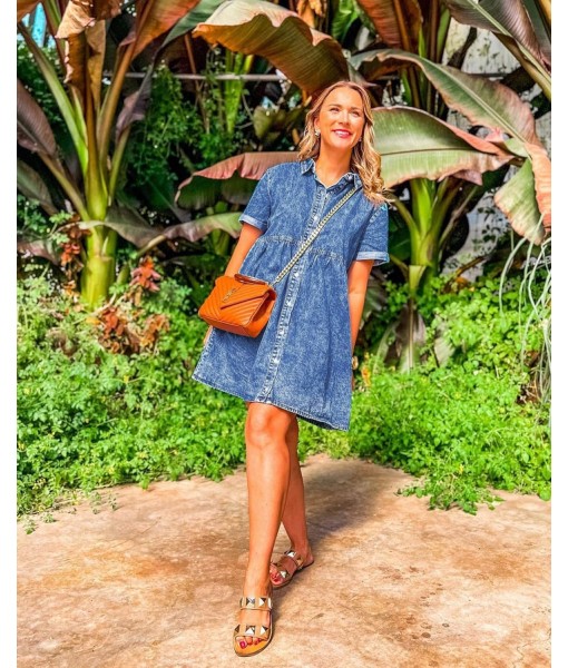 GRAPENT Denim Dress for Women Babydoll Tiered Short Sleeve Button Down Jean Shirt Dresses
