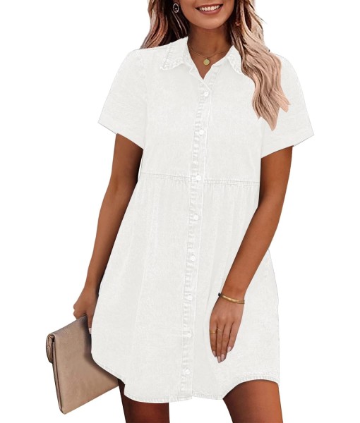 GRAPENT Denim Dress for Women Babydoll Tiered Short Sleeve Button Down Jean Shirt Dresses