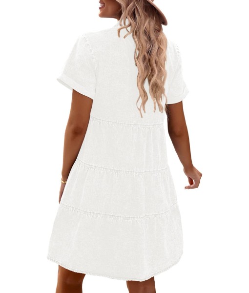 GRAPENT Denim Dress for Women Babydoll Tiered Short Sleeve Button Down Jean Shirt Dresses