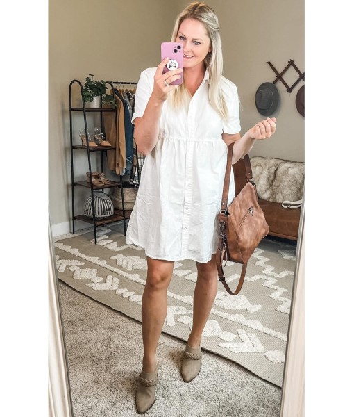 GRAPENT Denim Dress for Women Babydoll Tiered Short Sleeve Button Down Jean Shirt Dresses