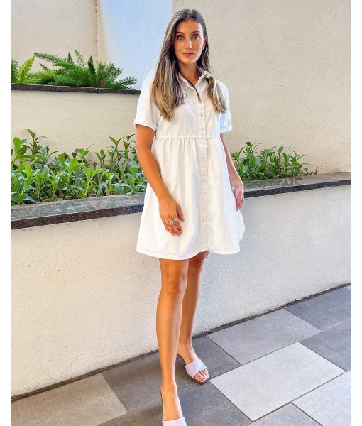 GRAPENT Denim Dress for Women Babydoll Tiered Short Sleeve Button Down Jean Shirt Dresses