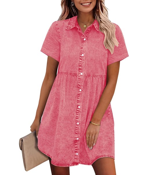 GRAPENT Denim Dress for Women Babydoll Tiered Short Sleeve Button Down Jean Shirt Dresses