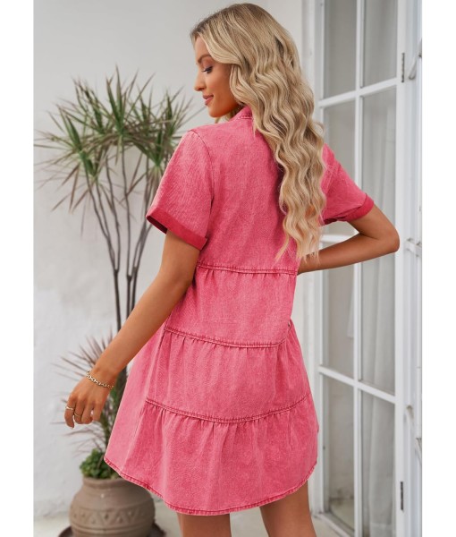 GRAPENT Denim Dress for Women Babydoll Tiered Short Sleeve Button Down Jean Shirt Dresses