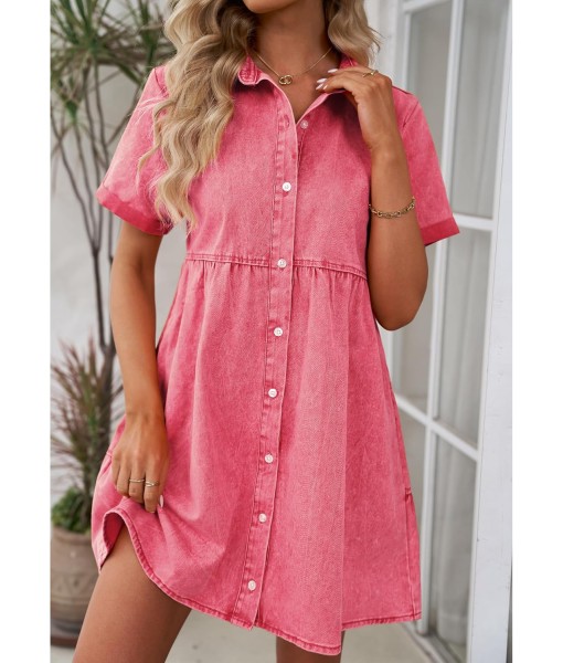 GRAPENT Denim Dress for Women Babydoll Tiered Short Sleeve Button Down Jean Shirt Dresses