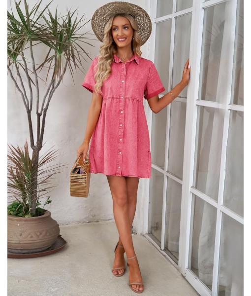GRAPENT Denim Dress for Women Babydoll Tiered Short Sleeve Button Down Jean Shirt Dresses