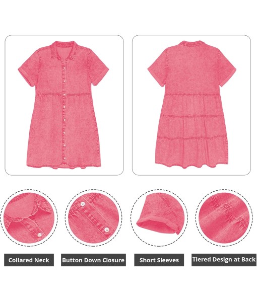 GRAPENT Denim Dress for Women Babydoll Tiered Short Sleeve Button Down Jean Shirt Dresses
