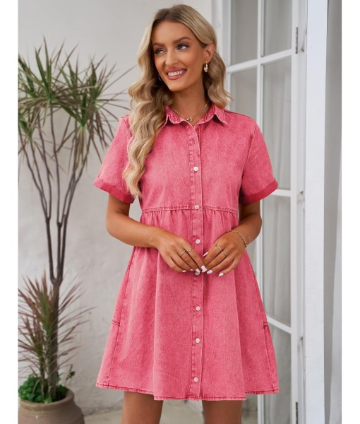 GRAPENT Denim Dress for Women Babydoll Tiered Short Sleeve Button Down Jean Shirt Dresses